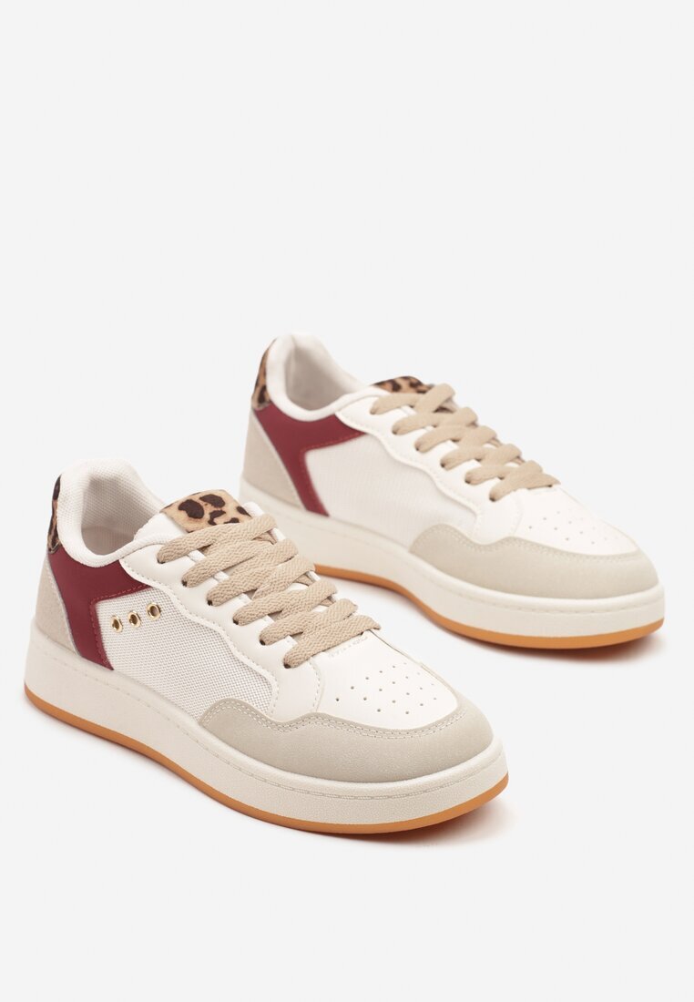 ideal Sneakers Bej-Bordeaux cu Cusături Decorative în Stil Streetwear Neoniela