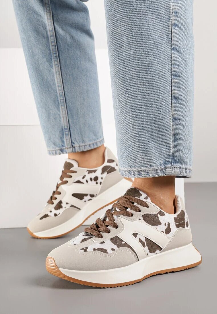 ideal Sneakers Bej-Maro Plati cu Petice de Vacă cu Model Geométric Nawla