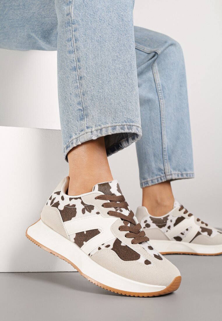ideal Sneakers Bej-Maro Plati cu Petice de Vacă cu Model Geométric Nawla