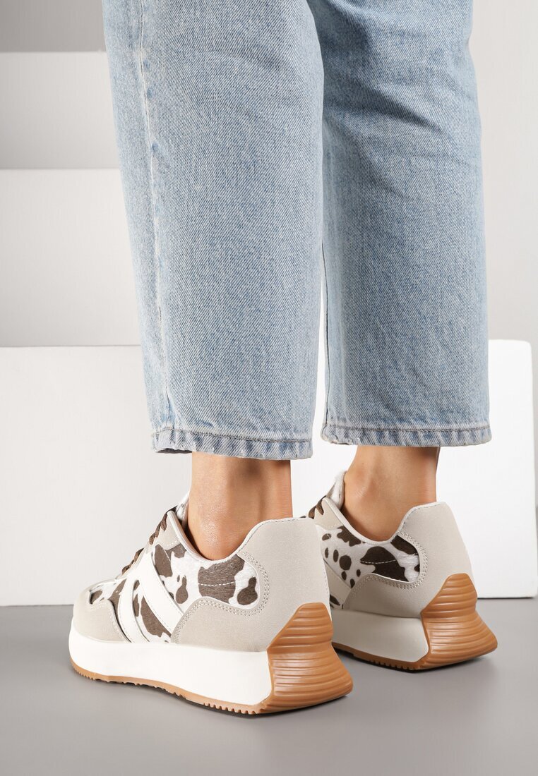 ideal Sneakers Bej-Maro Plati cu Petice de Vacă cu Model Geométric Nawla