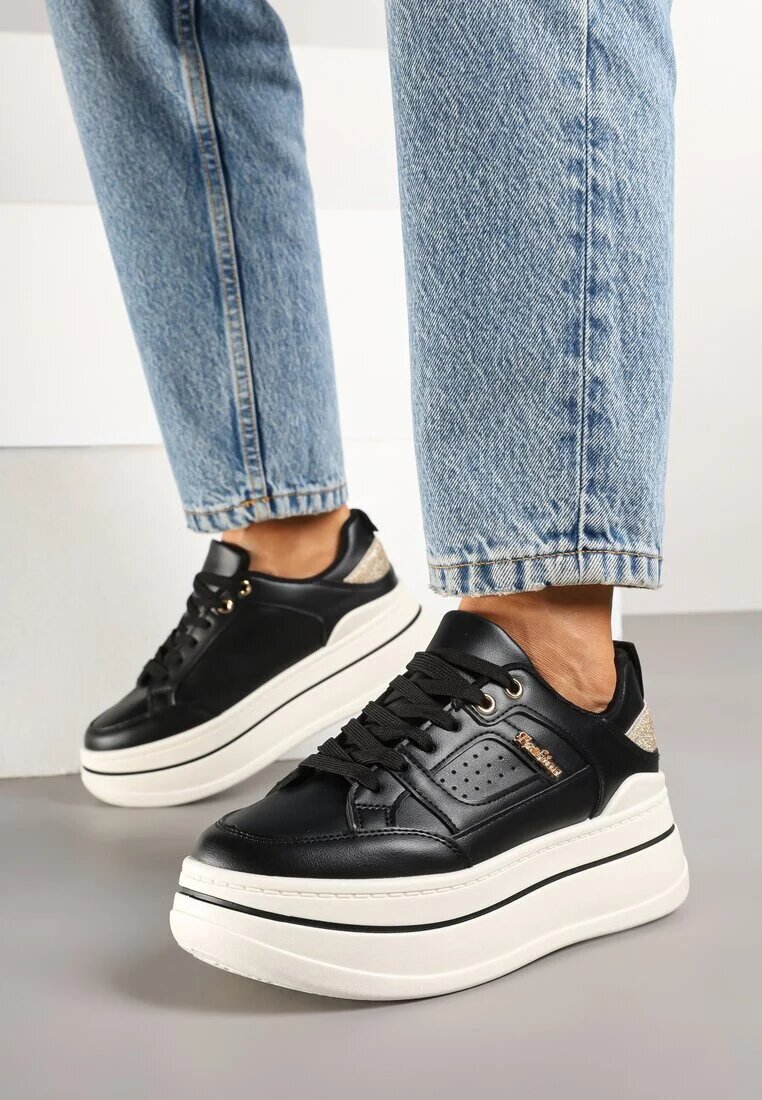 ideal Sneakers negre cu talpă groasă decorate cu sclipici Kariven