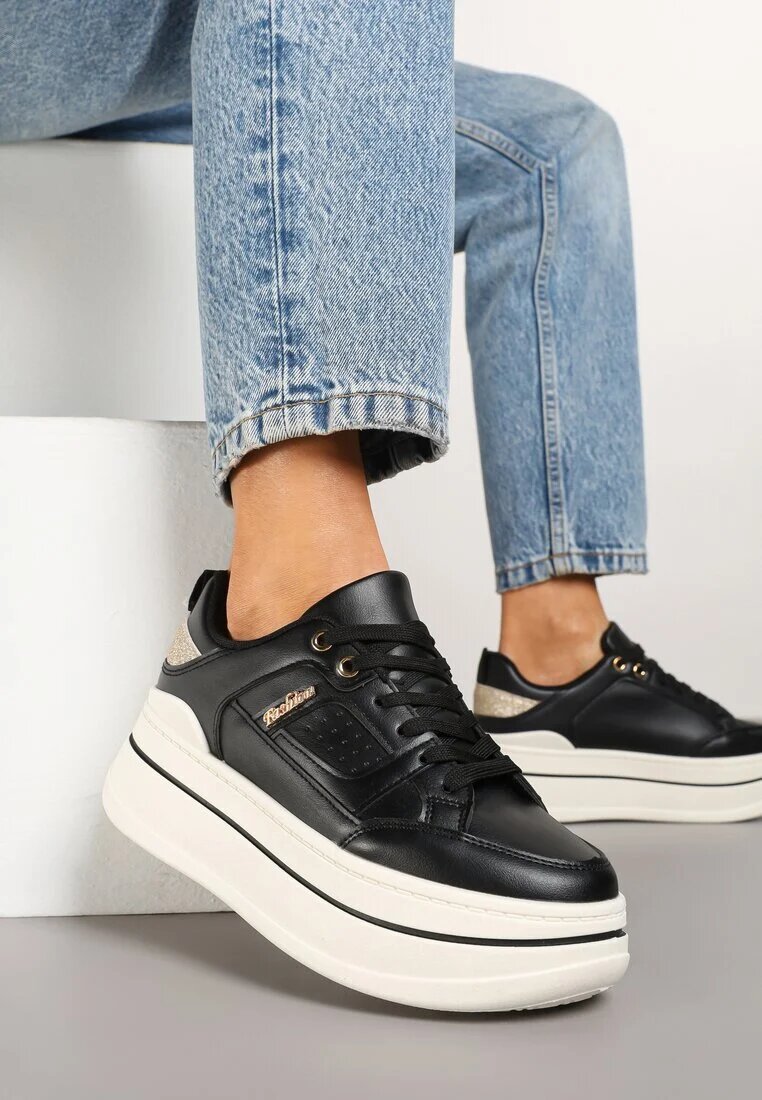 ideal Sneakers negre cu talpă groasă decorate cu sclipici Kariven