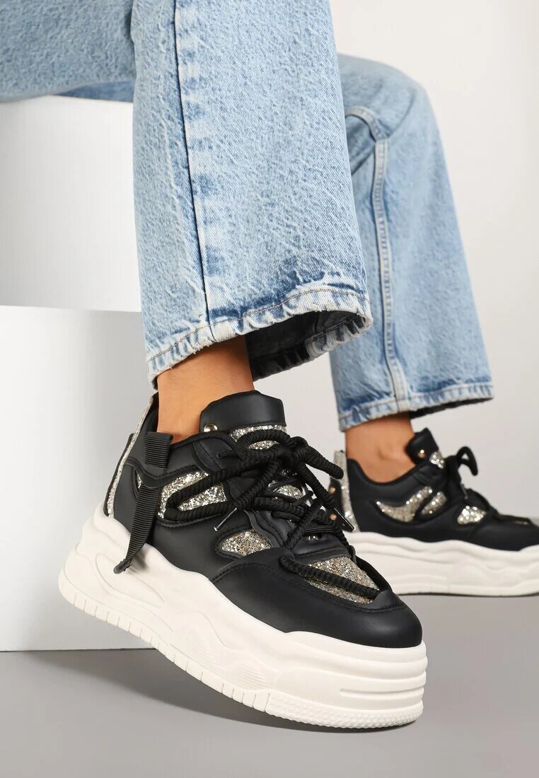 ideal Sneakers Negri Streetwear cu platformă cu sclipici și aplicații Maivessa