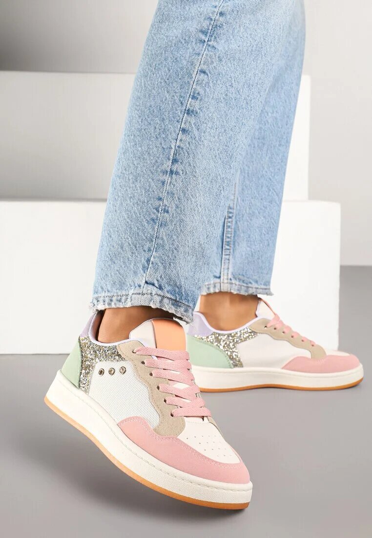 ideal Sneakers Roz-Bej cu Cusături Decorative în Stil Streetwear Neoniela
