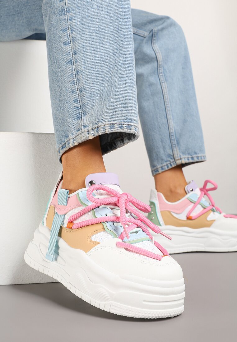 ideal Sneakers Streetwear Alb-Roz pe Platformă cu Sclipici și Aplicații Maivessa