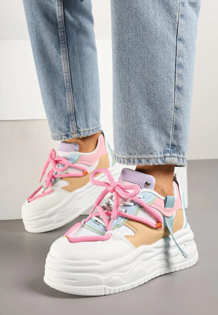 ideal Sneakers Streetwear Alb-Roz pe Platformă cu Sclipici și Aplicații Maivessa