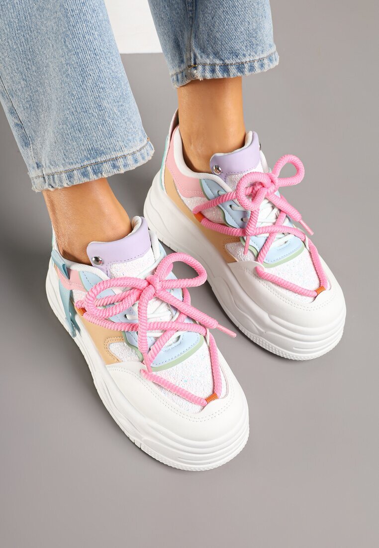 ideal Sneakers Streetwear Alb-Roz pe Platformă cu Sclipici și Aplicații Maivessa