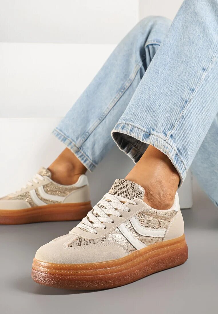 ideal Sneakerși Bej cu Imprimeu Șarpe în Stilul Tenisilor Clasici cu Talpă Groasă Grelritia