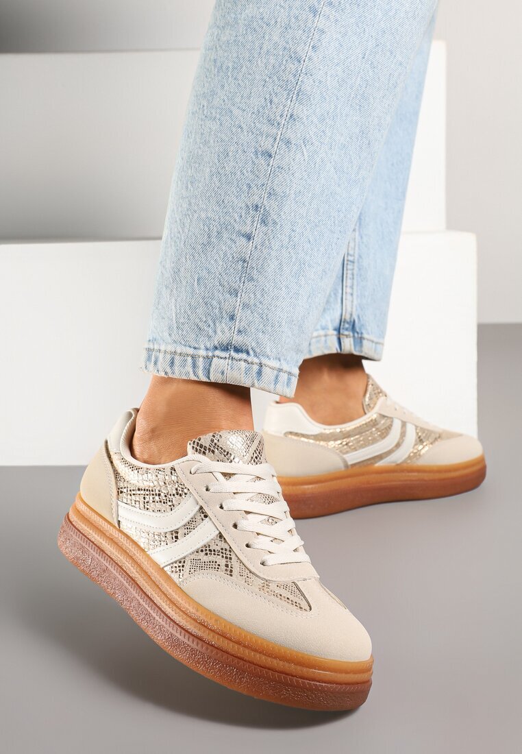 ideal Sneakerși Bej cu Imprimeu Șarpe în Stilul Tenisilor Clasici cu Talpă Groasă Grelritia