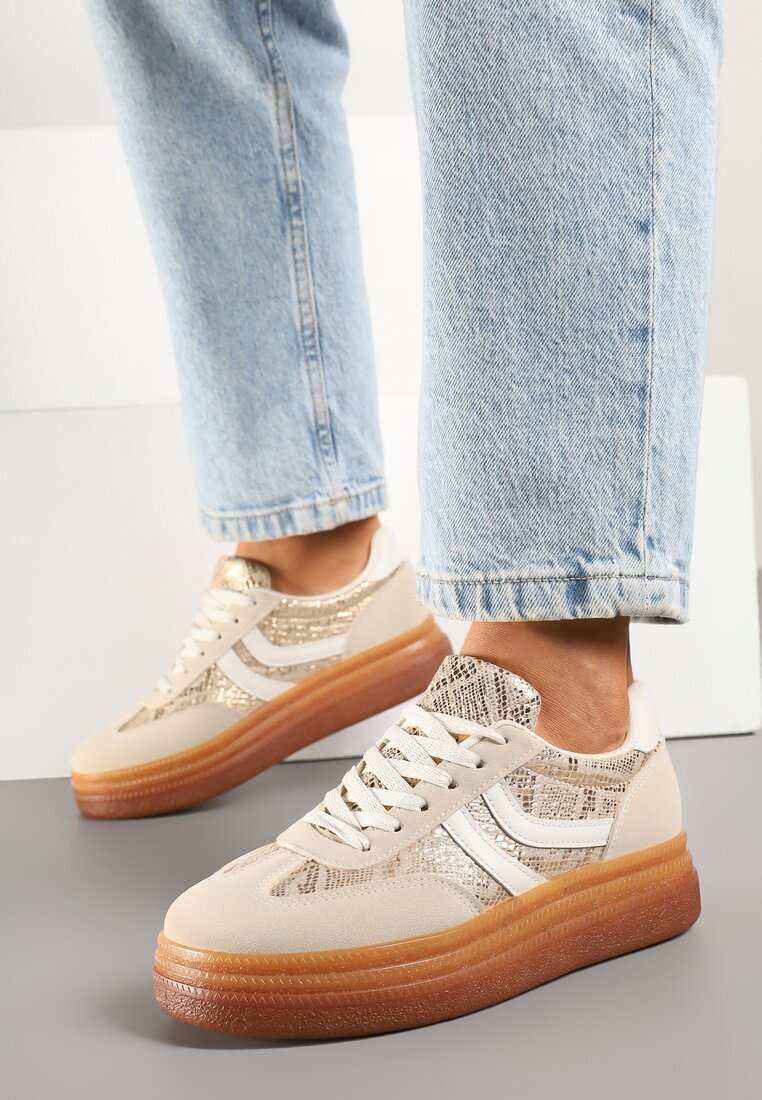 ideal Sneakerși Bej cu Imprimeu Șarpe în Stilul Tenisilor Clasici cu Talpă Groasă Grelritia