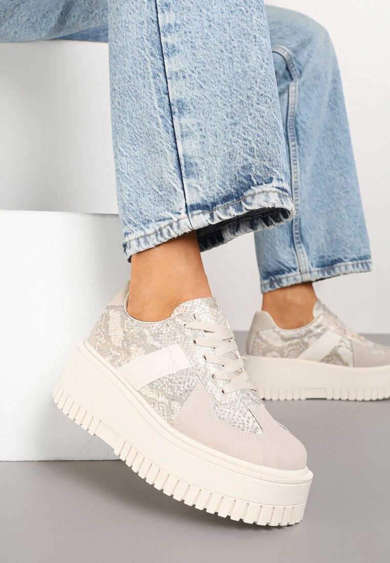 ideal Sneakerși Bej în stil Tenis pe Platformă cu Imprimeuri în Relief și Imprimeu de Șarpe Firreis