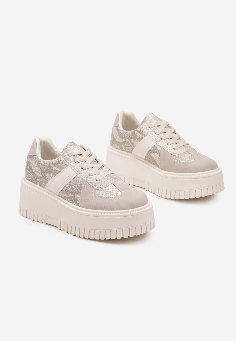 ideal Sneakerși Bej în stil Tenis pe Platformă cu Imprimeuri în Relief și Imprimeu de Șarpe Firreis