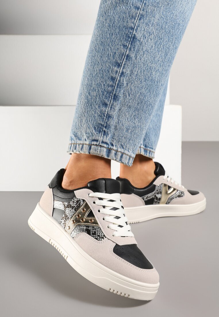 ideal Sneakerși negri-bej cu decorațiuni metalice și inserție din imitație de piele de șarpe Sarilira