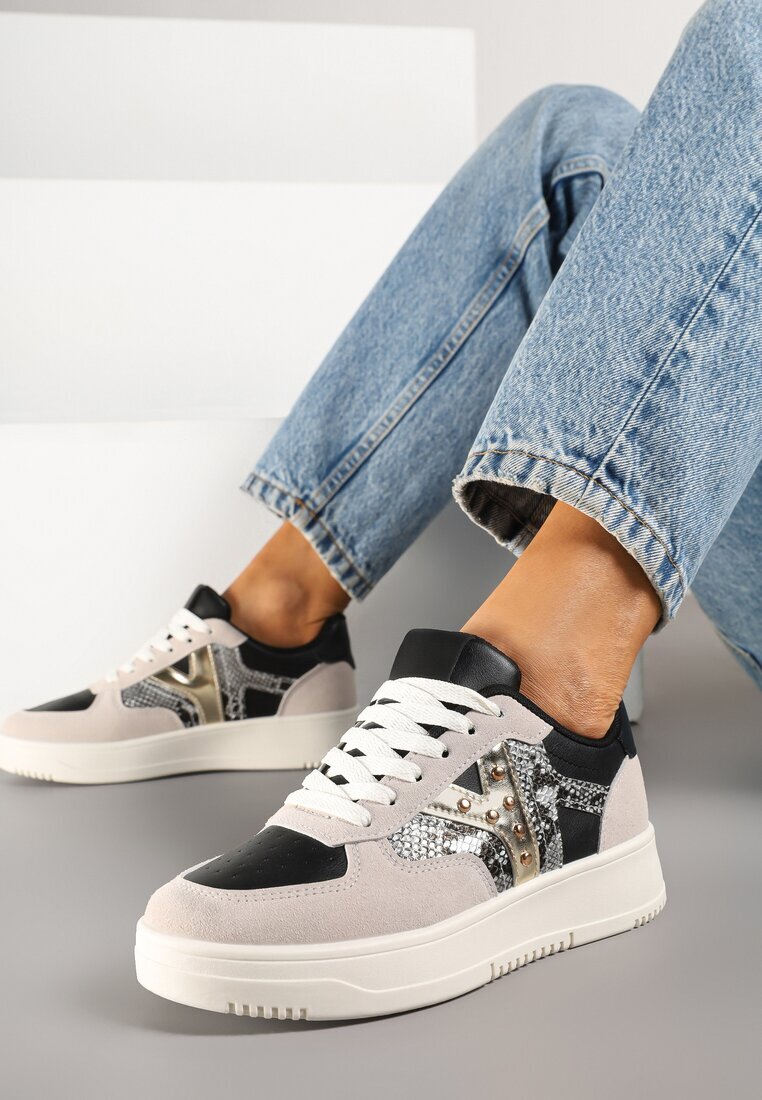 ideal Sneakerși negri-bej cu decorațiuni metalice și inserție din imitație de piele de șarpe Sarilira