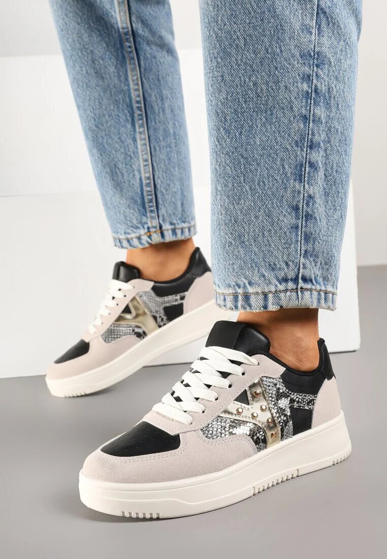 ideal Sneakerși negri-bej cu decorațiuni metalice și inserție din imitație de piele de șarpe Sarilira