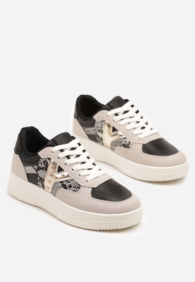 ideal Sneakerși negri-bej cu decorațiuni metalice și inserție din imitație de piele de șarpe Sarilira