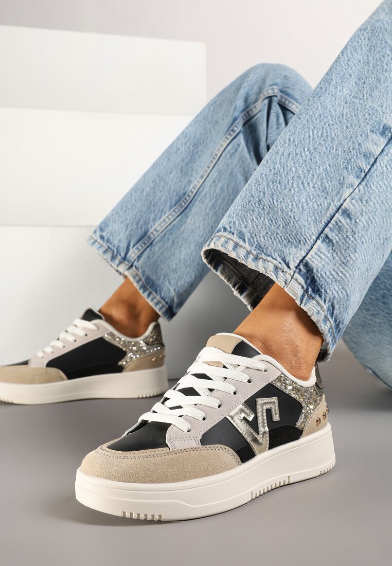 ideal Sneakerși Negru-Bej cu Sclipici și Decorațiuni Metalice Pillar