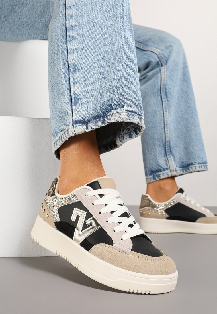 ideal Sneakerși Negru-Bej cu Sclipici și Decorațiuni Metalice Pillar