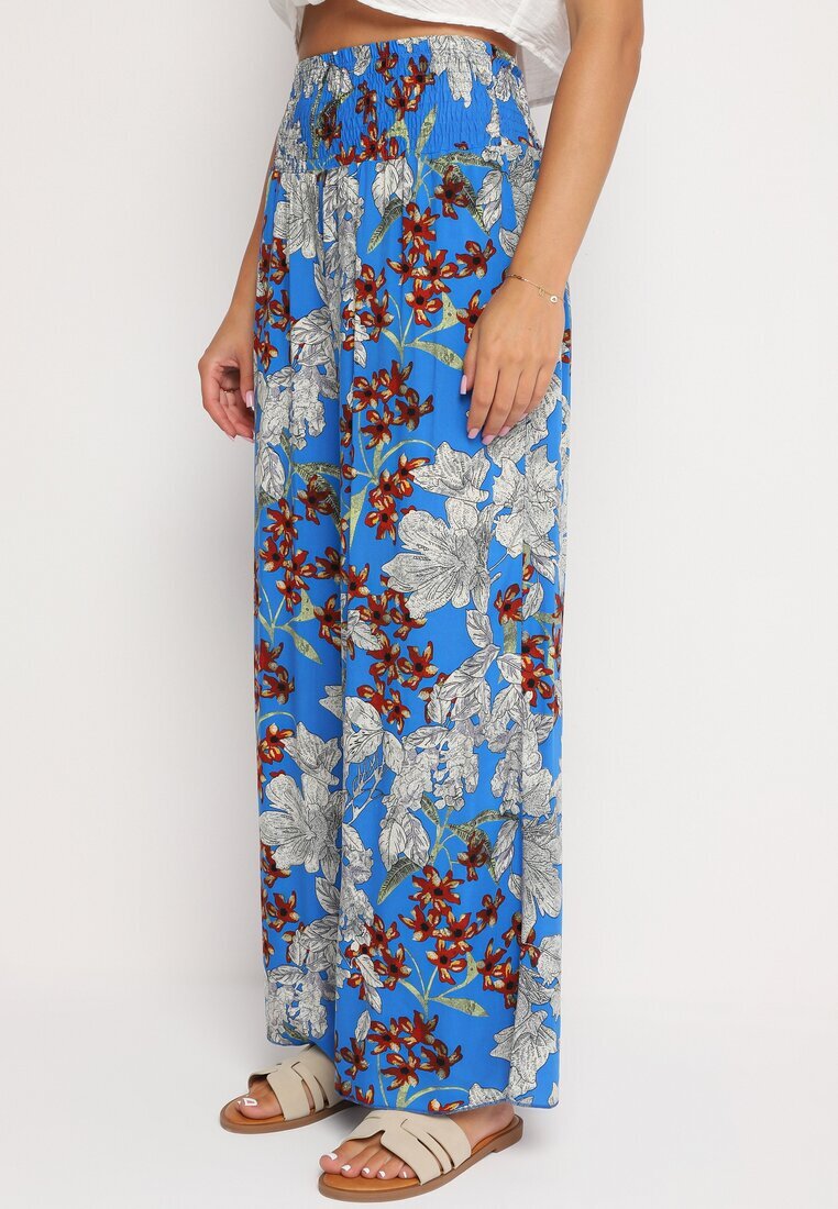 j.stars Pantaloni Albaștri Larghi din Viscoză cu Elastic în Talie Florali Bisilia