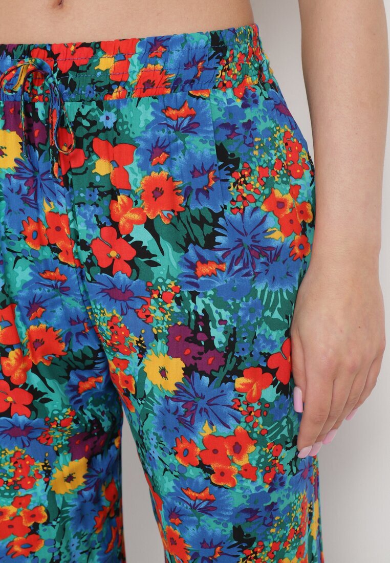 j.stars Pantaloni Drepți Albaștri din Viscoză cu Imprimeu Floral Yadolle