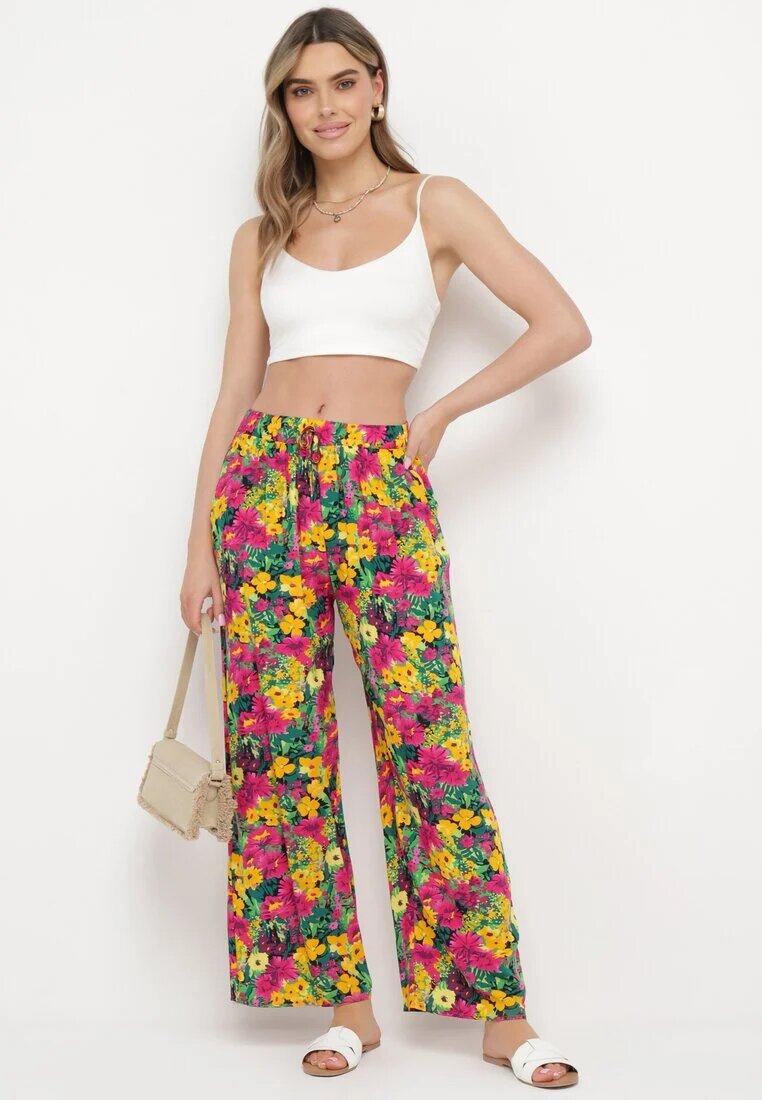 j.stars Pantaloni Drepți Galbeni din Viscoză cu Imprimeu Floral Yadolle