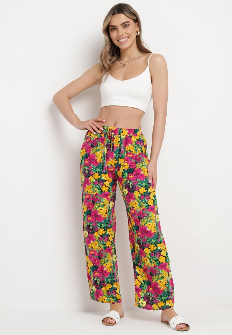 j.stars Pantaloni Drepți Galbeni din Viscoză cu Imprimeu Floral Yadolle