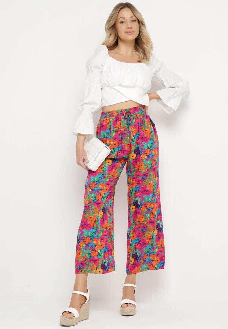 j.stars Pantaloni drepți portocalii și roz din viscoză cu imprimeu floral Yadolle