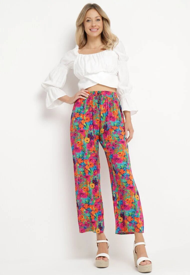 j.stars Pantaloni drepți portocalii și roz din viscoză cu imprimeu floral Yadolle