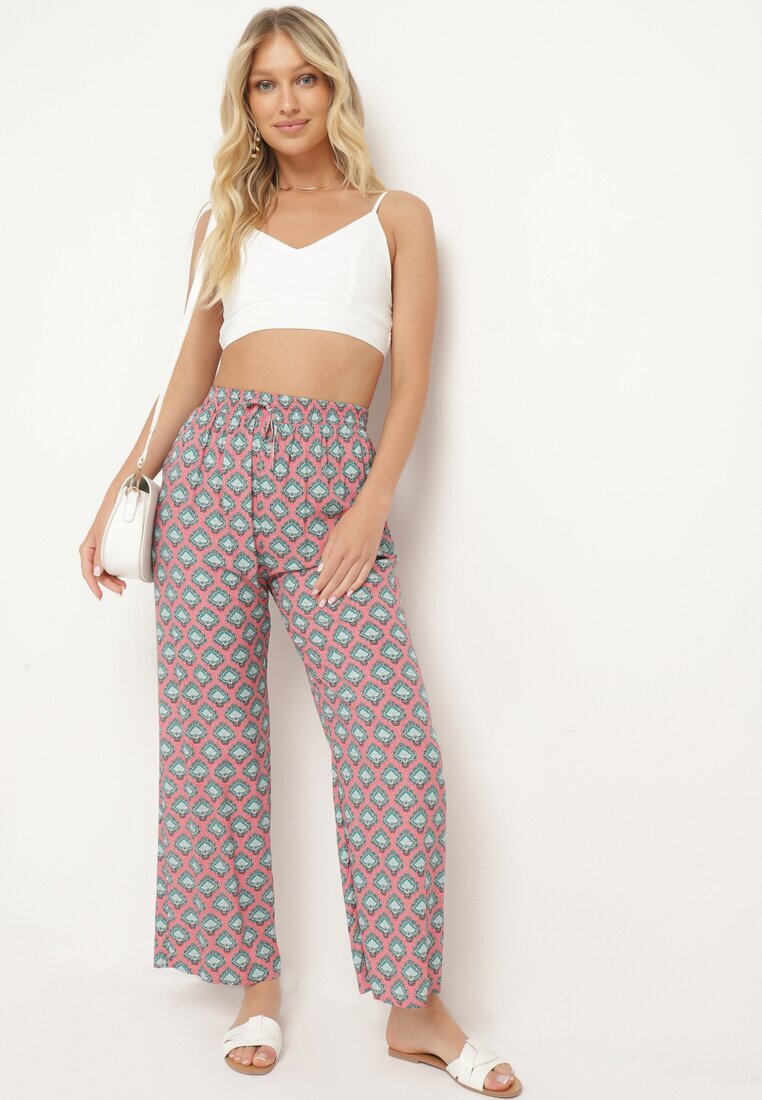 j.stars Pantaloni Fucsia și Verzi din Viscoză cu Model Mozaic și Elastic în Talie Rivan