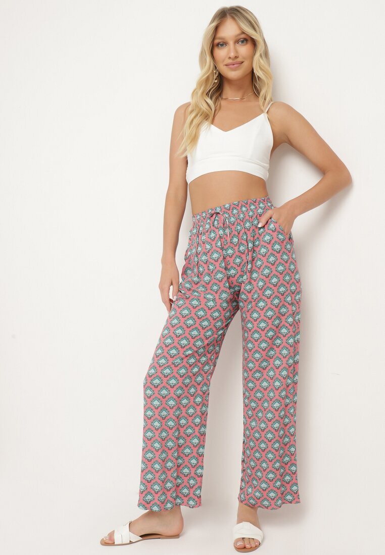 j.stars Pantaloni Fucsia și Verzi din Viscoză cu Model Mozaic și Elastic în Talie Rivan