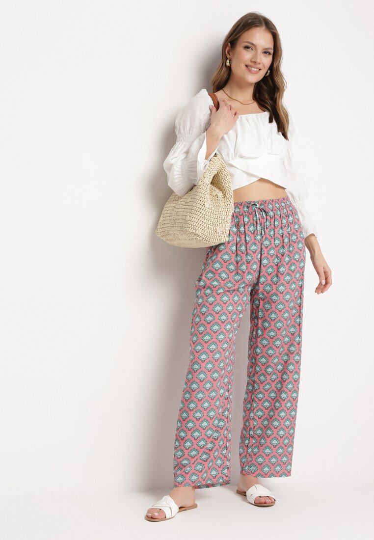 j.stars Pantaloni Fucsia și Verzi din Viscoză cu Model Mozaic și Elastic în Talie Rivan