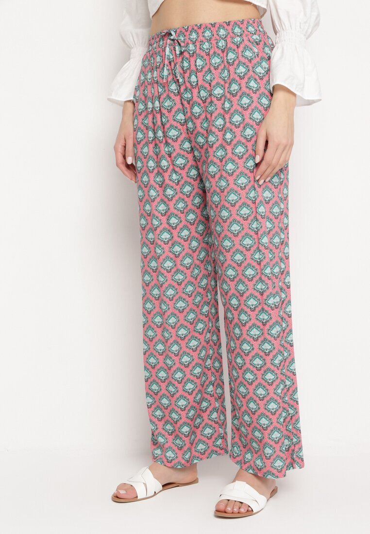 j.stars Pantaloni Fucsia și Verzi din Viscoză cu Model Mozaic și Elastic în Talie Rivan