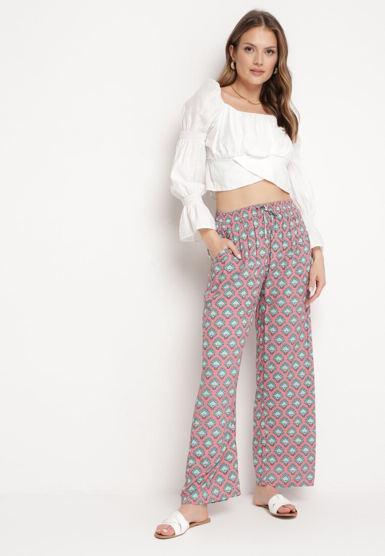 j.stars Pantaloni Fucsia și Verzi din Viscoză cu Model Mozaic și Elastic în Talie Rivan
