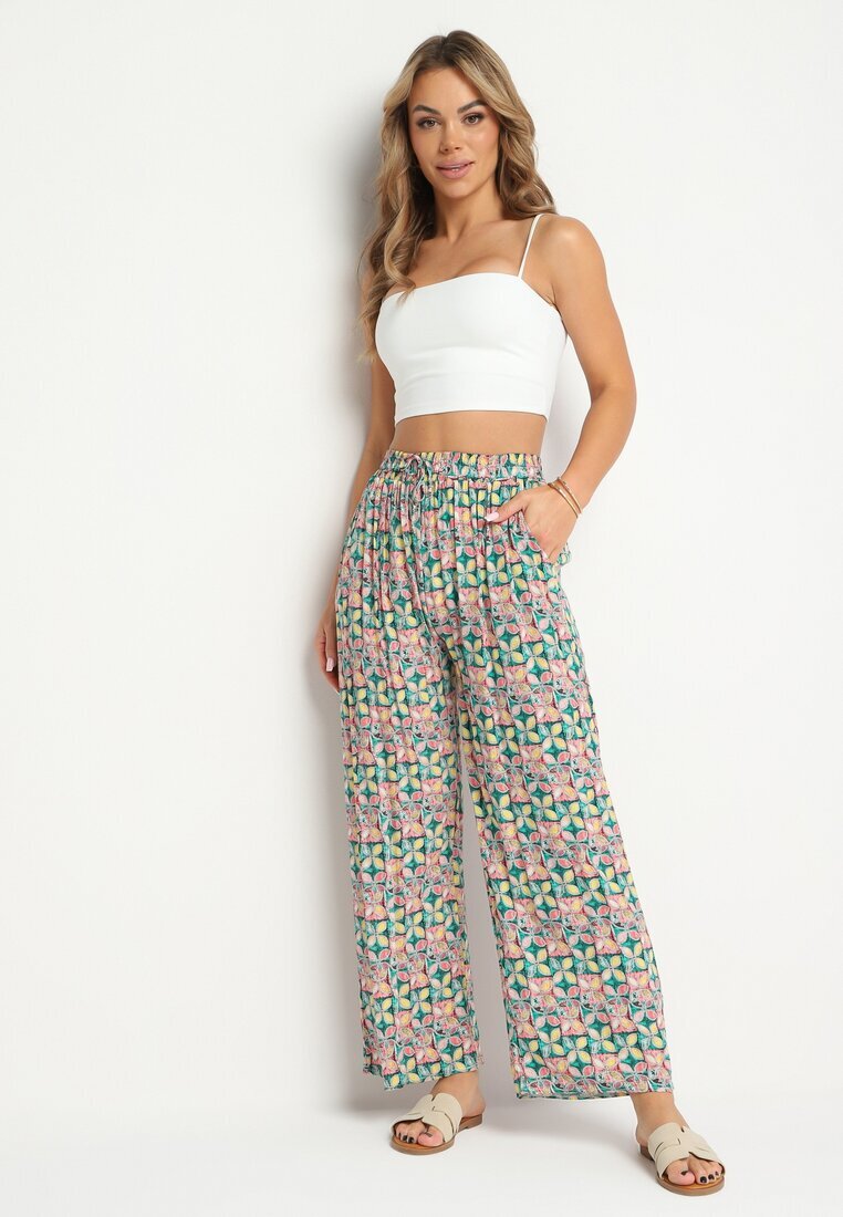 j.stars Pantaloni Largi Verde-Roz cu elastic în talie și buzunare din viscoză Keiord