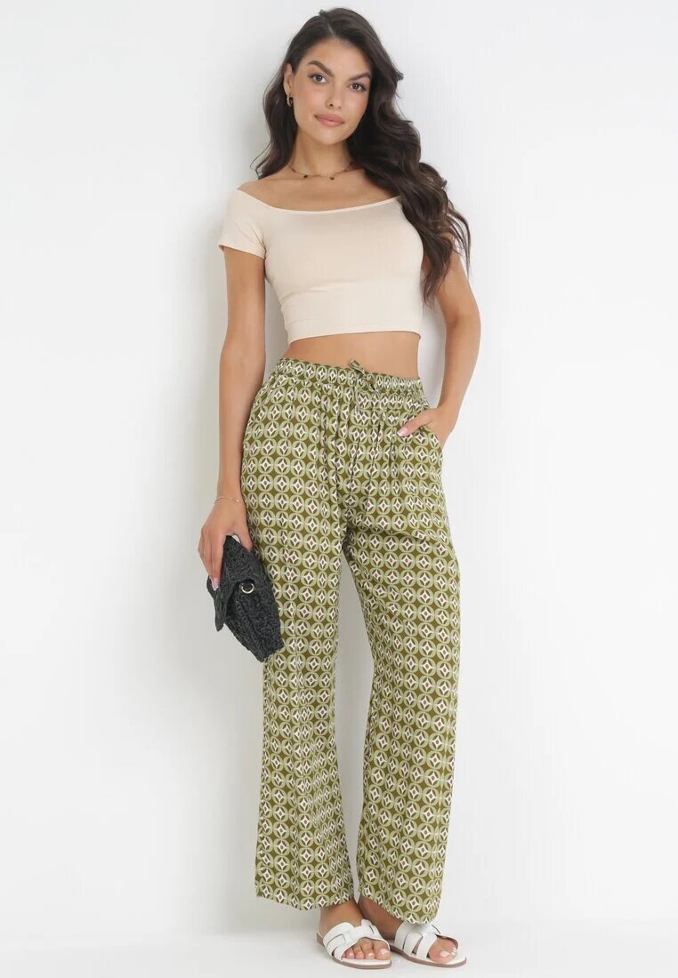 j.stars Pantaloni Verzi din Viscoză cu Model Geometric și Elastic în Talie Metelia