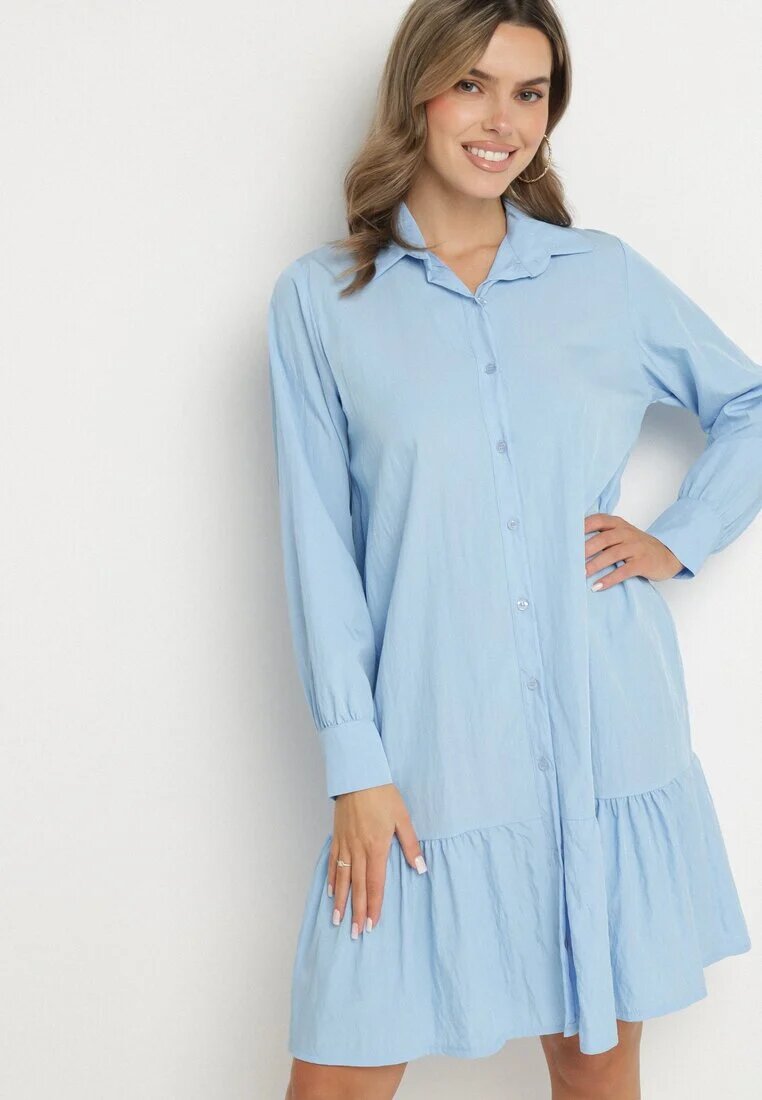 j studio Rochie Albastră din Viscoză cu Croială Tip Cămașă cu Volănaș Penzedi