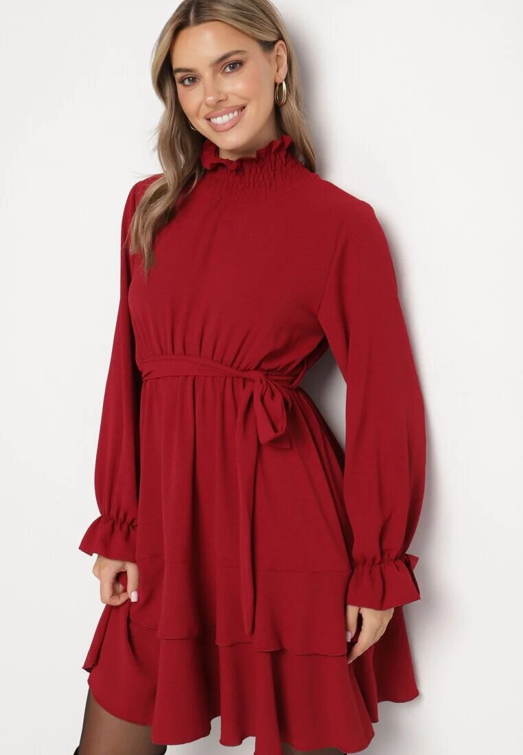 j studio Rochie Bordeaux cu Volane și Guler Rulat Încrețit cu Centură Suplimentară Legată Savelina
