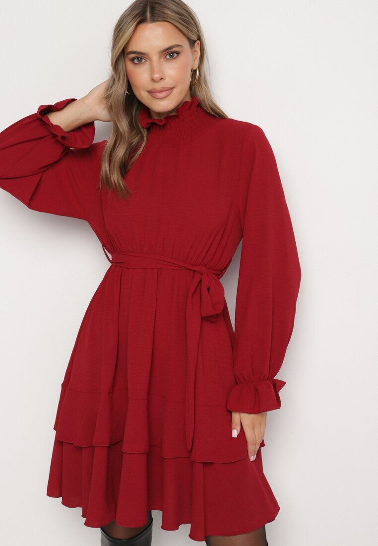j studio Rochie Bordeaux cu Volane și Guler Rulat Încrețit cu Centură Suplimentară Legată Savelina