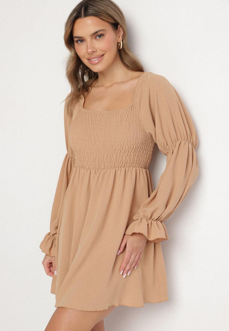 j studio Rochie Evazată Bej cu top elastic și Volane la mâneci Saviella