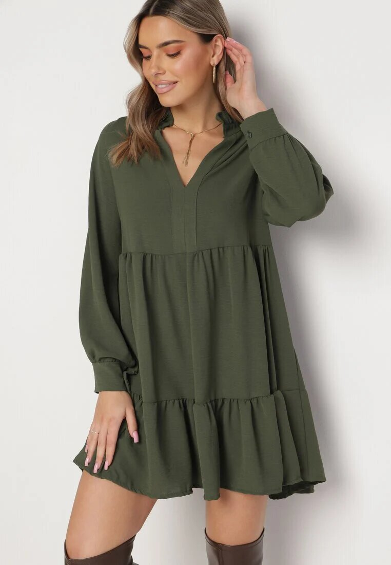 j studio Rochie Mini Verde Lejeră cu Volan și Manșete la Mâneci Vertecja
