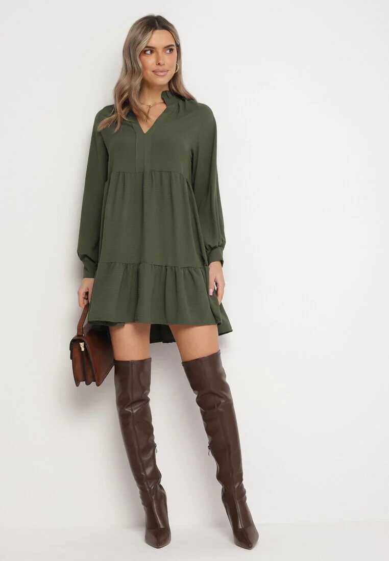 j studio Rochie Mini Verde Lejeră cu Volan și Manșete la Mâneci Vertecja