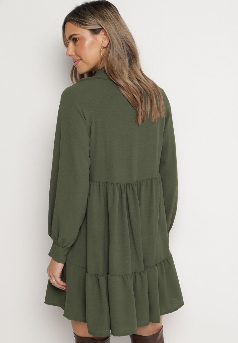 j studio Rochie Mini Verde Lejeră cu Volan și Manșete la Mâneci Vertecja