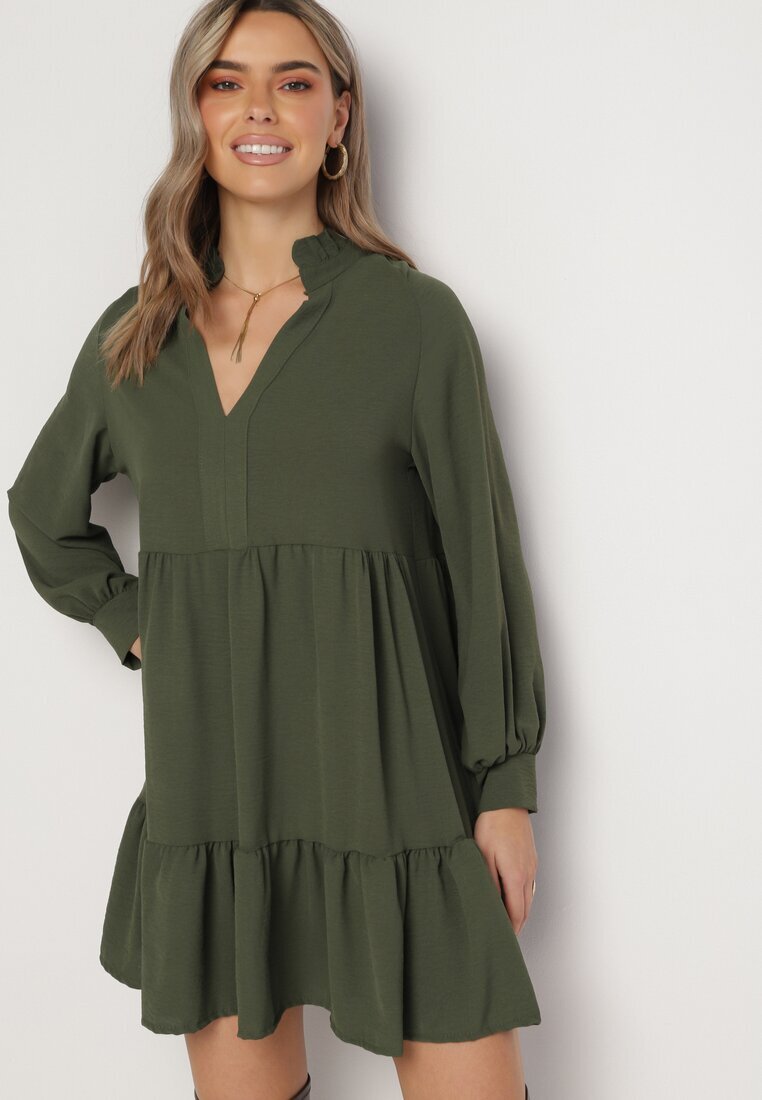 j studio Rochie Mini Verde Lejeră cu Volan și Manșete la Mâneci Vertecja
