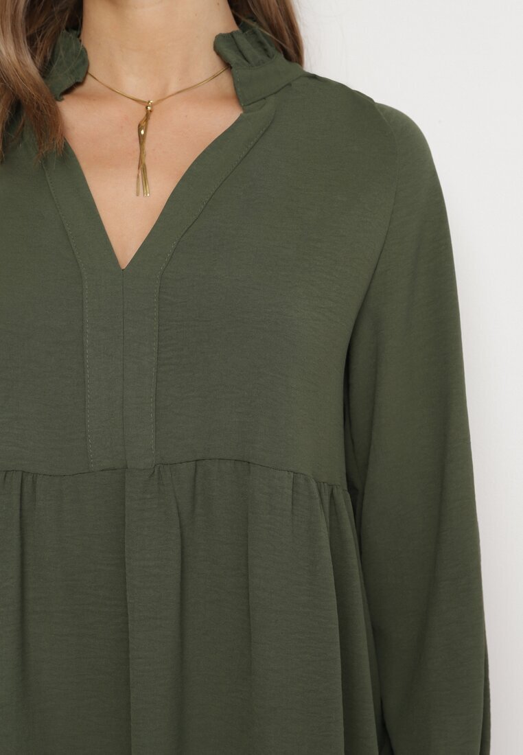 j studio Rochie Mini Verde Lejeră cu Volan și Manșete la Mâneci Vertecja