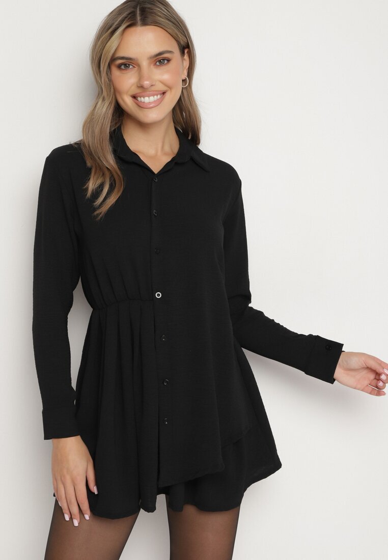 j studio Rochie Neagră Asimetrică cu croială tip cămașă cu elastic în talie Elodina