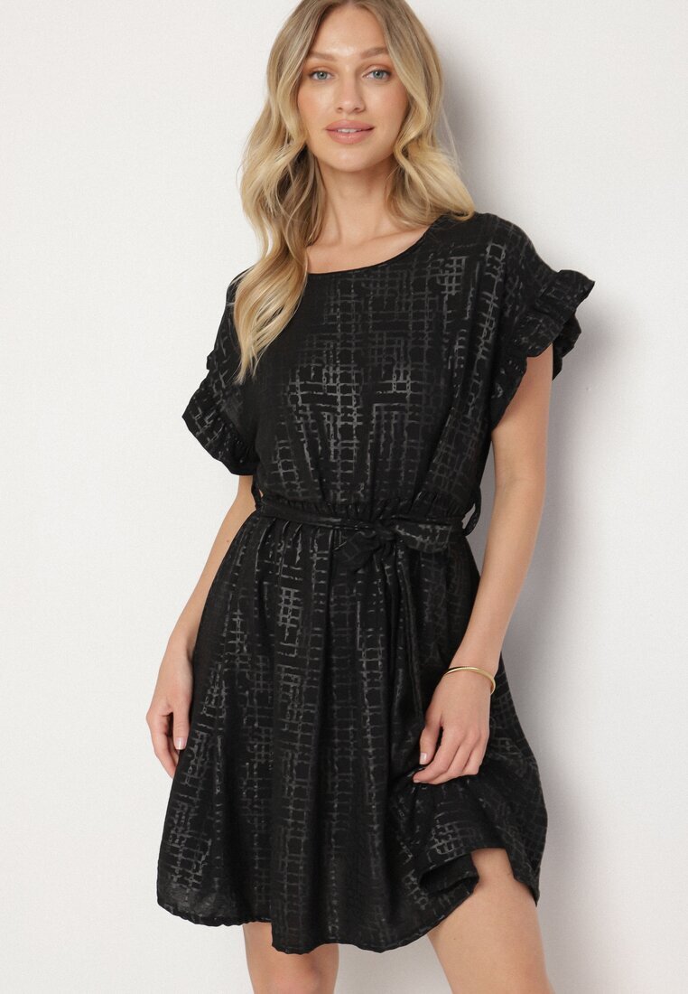 j studio Rochie Neagră Decorată cu Volane și cu Curea Izulira