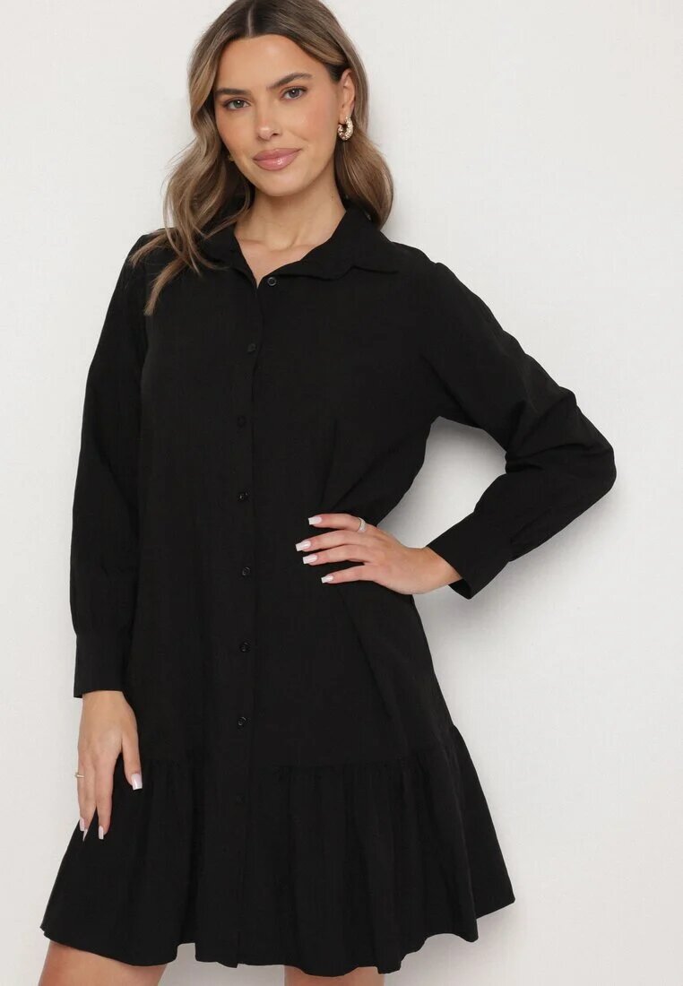 j studio Rochie Neagră din Vâscoză cu Croială Tip Cămașă cu Volan Penzedi