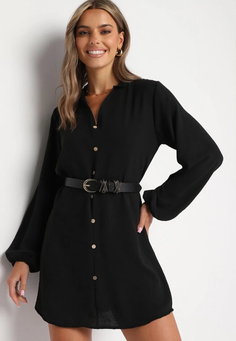 j studio Rochie Neagră dreaptă evazată cu nasturi decorativi Alcionete