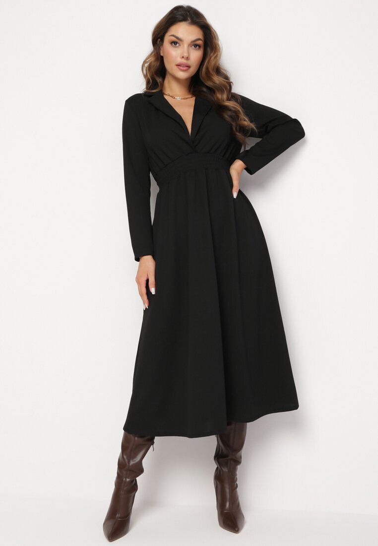 j studio Rochie Neagră Evazată Midi cu Decolteu Petrecut și Elastic în Talie Ametis
