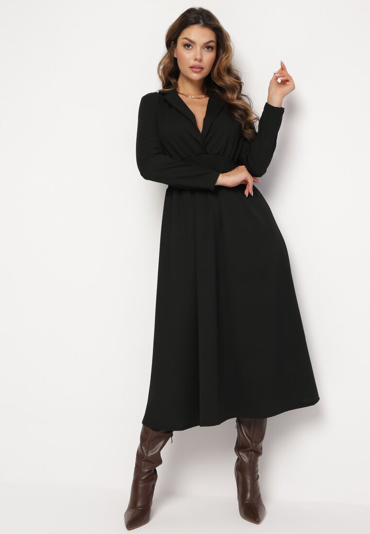 j studio Rochie Neagră Evazată Midi cu Decolteu Petrecut și Elastic în Talie Ametis